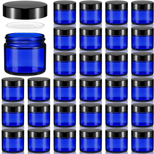 Domensi 32 Pcs 2 oz Glass Jars with Lids Travel Size Round Leakproof Empty Cosmetic Jars with Inner Liners Lid for Storing Makeup Lotions Face Cream Ointments Candle DIY Making (Cobalt Blue)