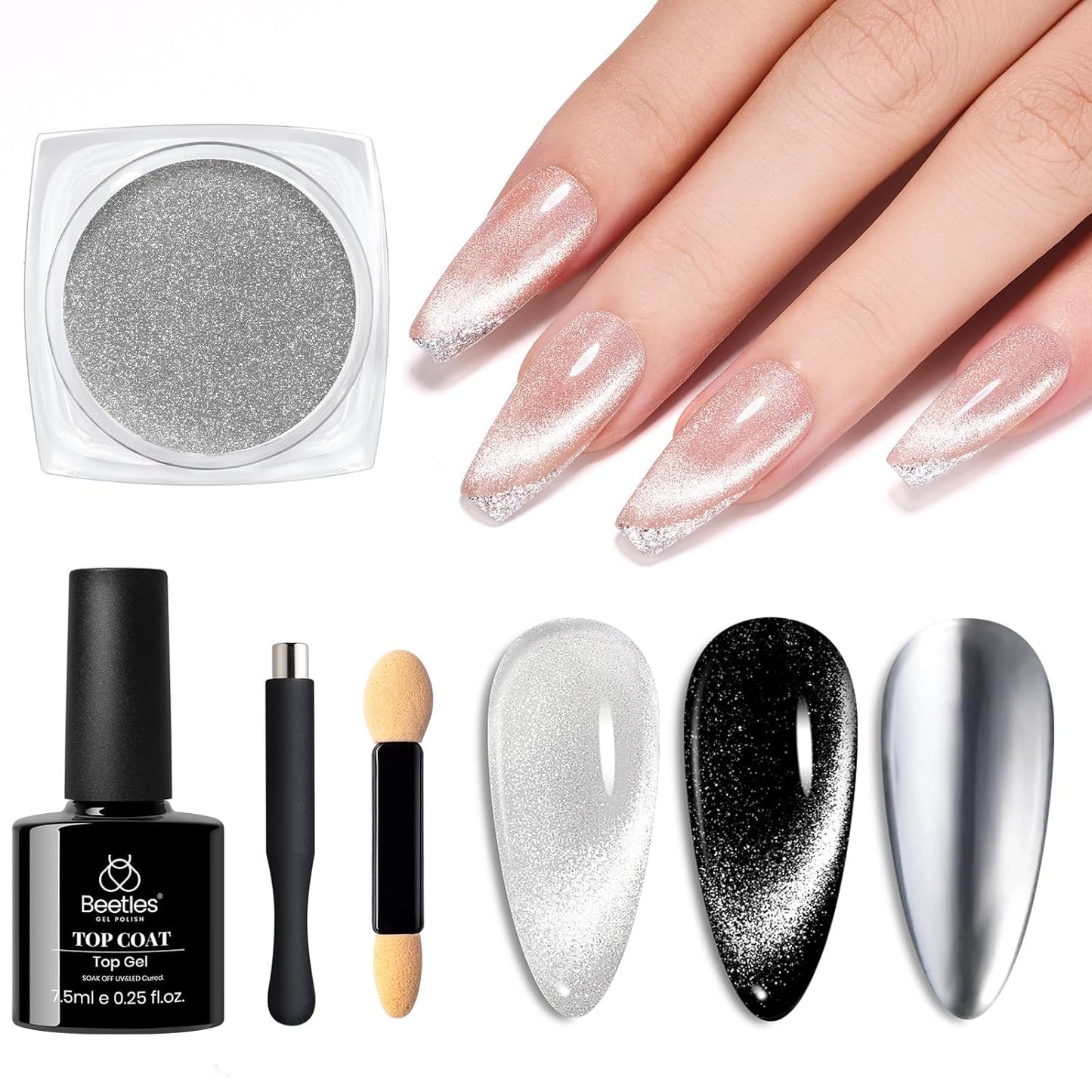 beetles Chrome Nail Powder Metallic with Top Coat Set- Silver Mirror Effect Galaxy Glitter Gel Polish, 1g/Jar with 7.5ml No Wipe UV Gel Top Coat for DIY Nails Art Salon Manicure Design Decoration