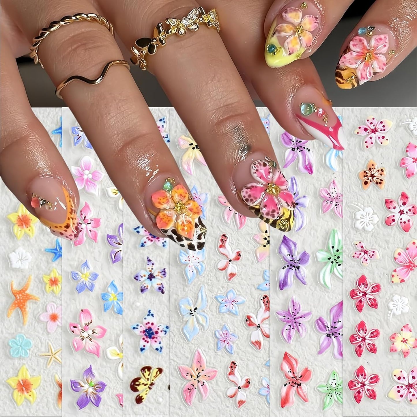 6Sheets Colorful Flower Nail Art Stickers 5D Micro Embossed Hawaiian Flowers Nail Decals Lily Hibiscus Floral Nail Design Tropical Flower Manicure Supplies Summer Floral Nail Accessories for Women