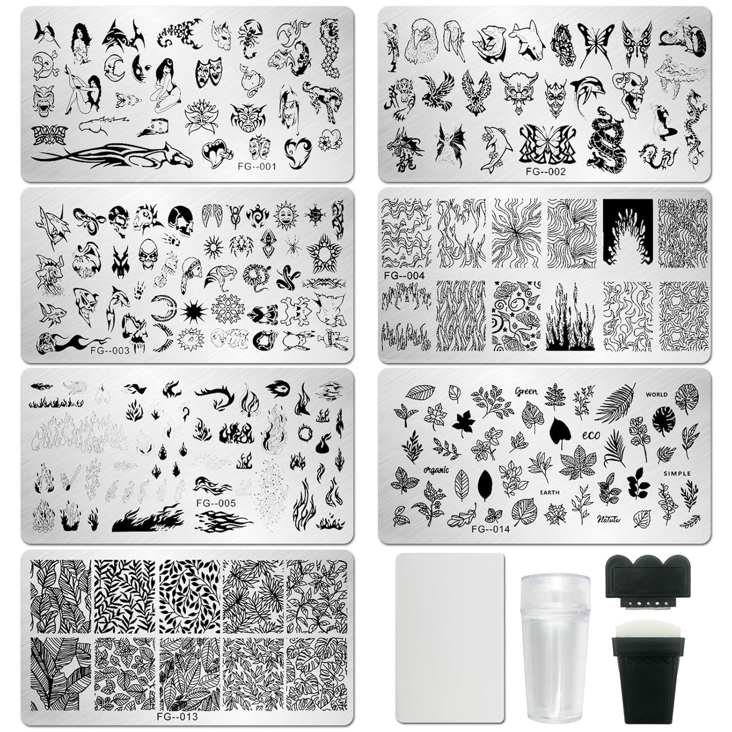 AddFavor Nail Stamper Kit 7pcs Nail Stamping Plates Flower Animal Flame Leaves Image Nail Stencils with 2 Stamp and 2 Scraper for Home Salon Manicure Design Supplies Tools