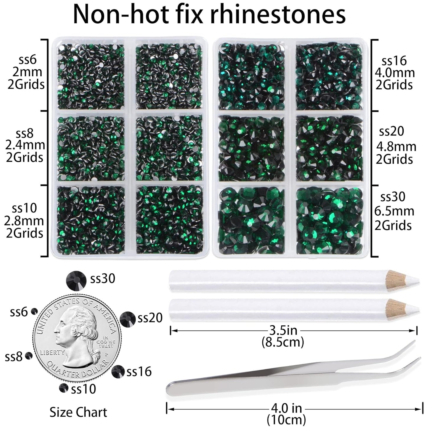 LPBeads 6000 Pieces Emerald Non Hotfix Rhinestones 6 Sizes Round Crystal Glass Flat Back Rhinestones with Tweezers and Picking Pen for Nail Art Crafts Clothes Bags DIY