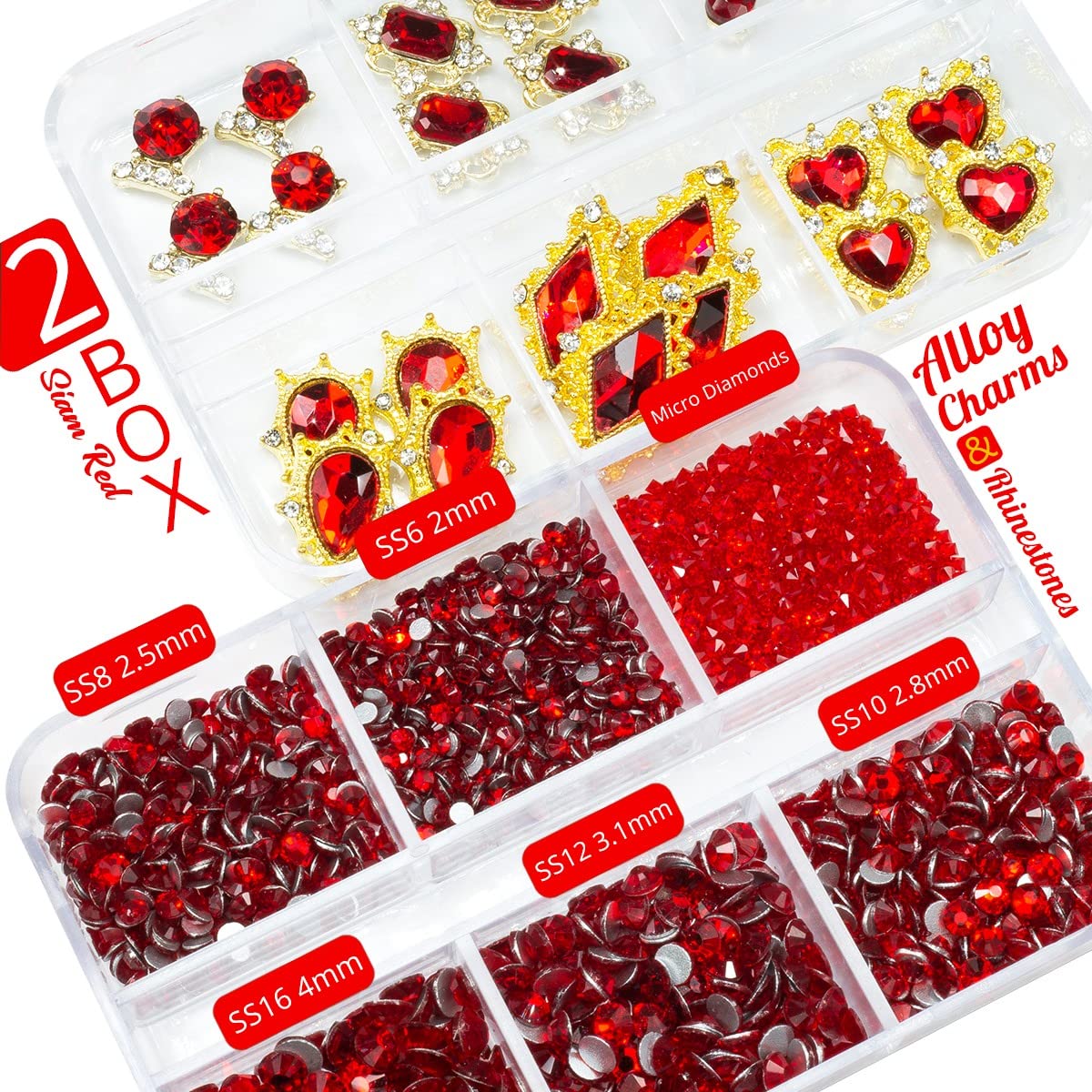 24pcs Red Luxury Nail Charms +2000pcs Ruby Red Rhinestones 3D Big Nail Gems K9 Glass Nail Crystals Diamonds Jewelry Stones Alloy Nail Art Studs Decor Supplies Heart Charms for Arylic Nails Crafts DIY