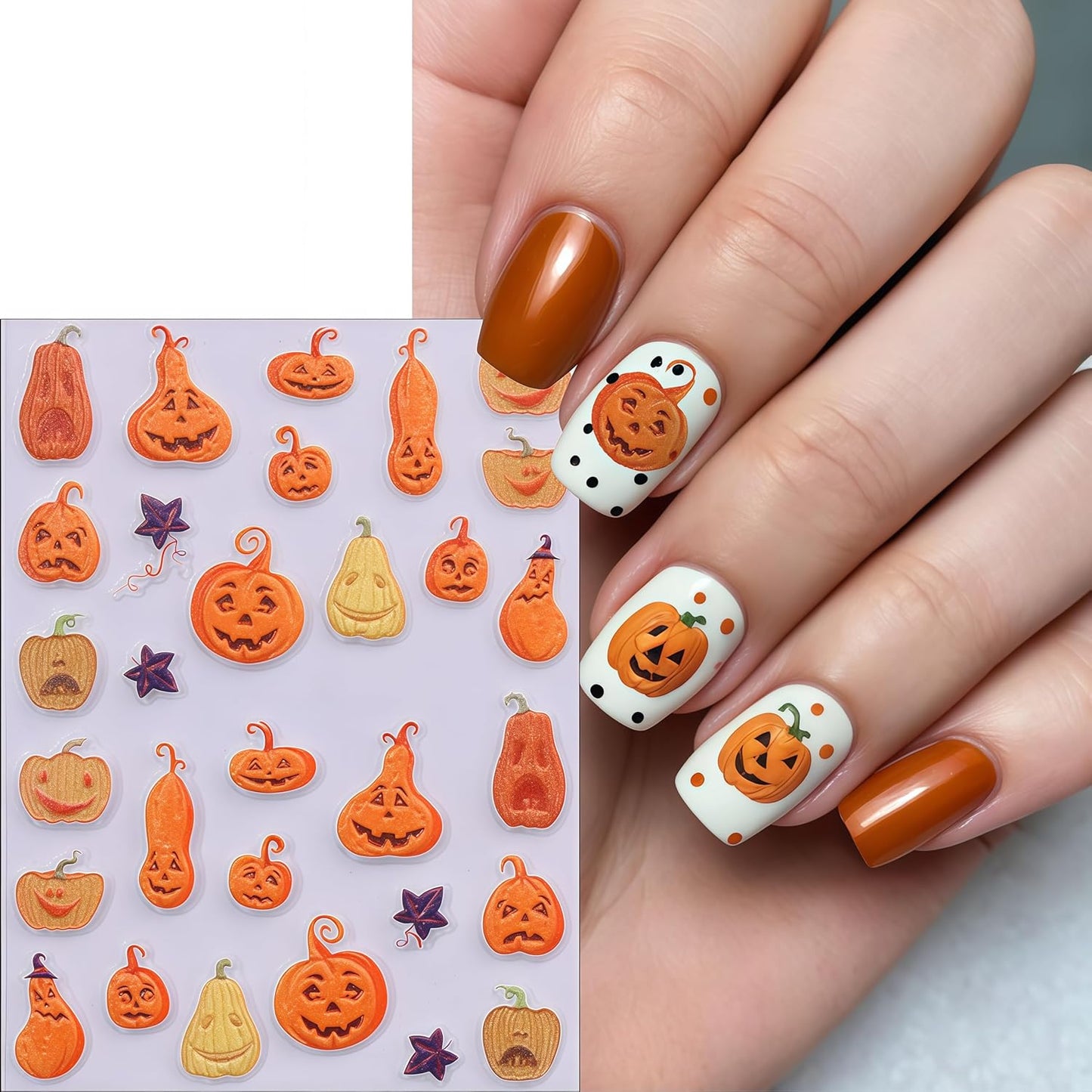3 Sheets Halloween Pumpkin Nail Stickers 5D Embossed Self-Adhesive Pumpkin Fun Design Nail Decals Women Halloween DIY Nail Decoration