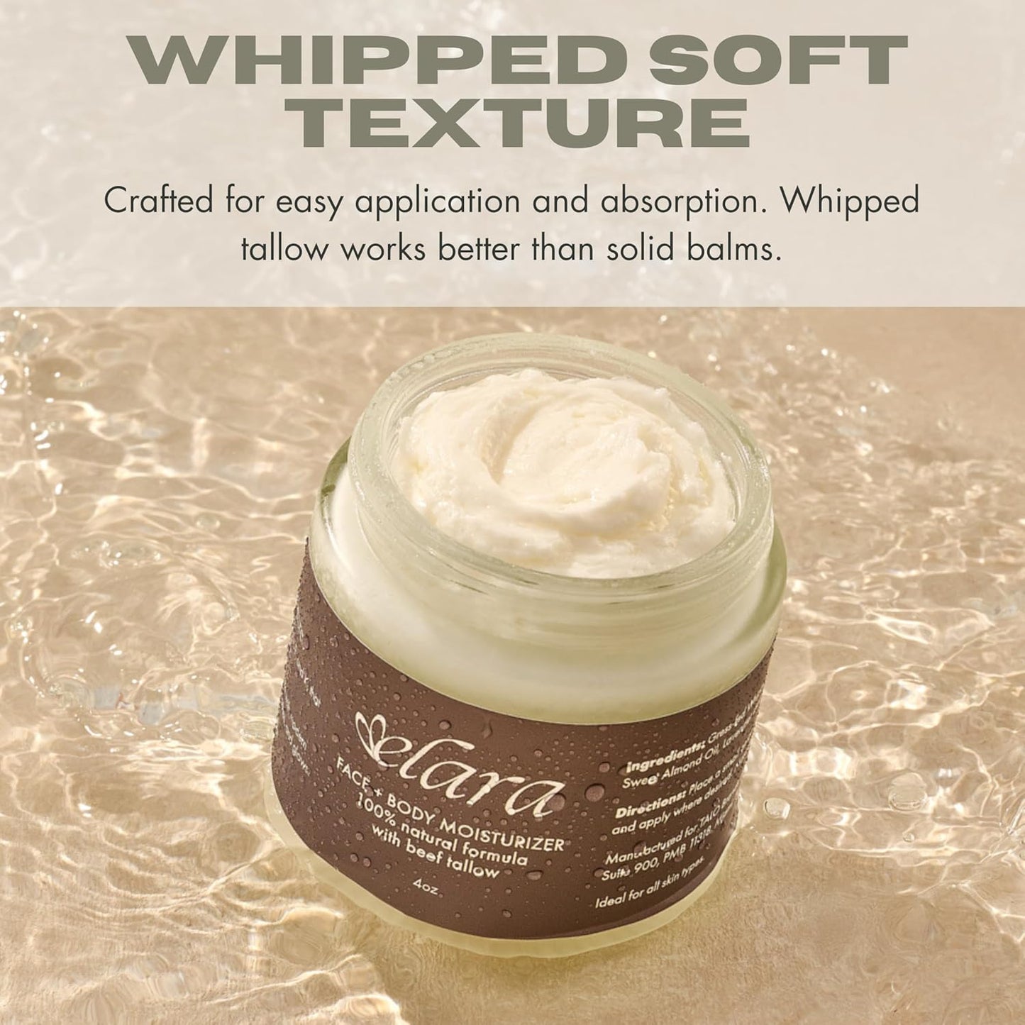 Elara Beef Tallow For Skin - Whipped Tallow Balm For Face And Body - 100% Grass-Fed Tallow Skin Balm With Marula And Sweet Almond Oil - 4 Fl. Oz. - Lavender