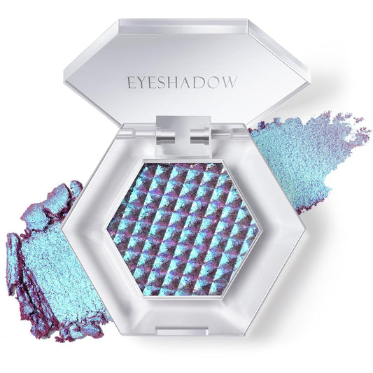 Chameleon Blue Glitter Eyeshadow, Cream to Powder Shimmer Multichrome Single Eyeshadow, Sparkling Holographic Color Shifting Eye Brightener Highlighter Makeup Palette 05