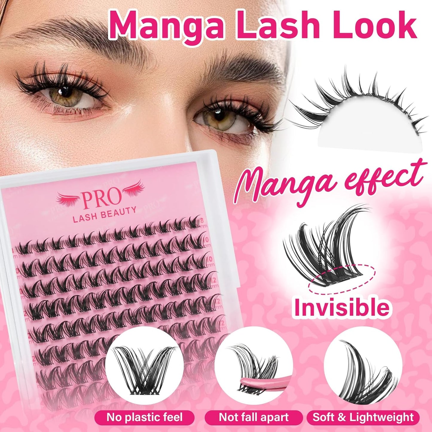 PRO LASHBEAUTY Manga Lash Clusters Kit with Lash Bond and Seal Eyelash Applictor Lash Remover DIY Lash Extension Kit for Beginner Waterproof Resuable Eyelash Extensions at Home (Sweety,8-16mix)