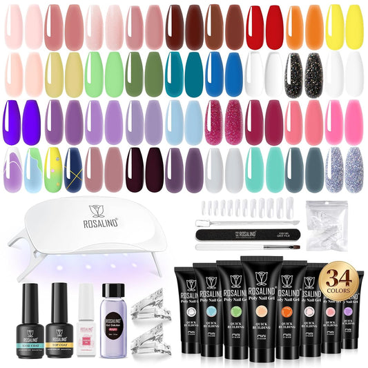 ROSALIND Coloful Poly Nail Gel Kit -34 Colors + Neon Accessories Clear Nude Poly Nails Gel Starter Kit with Mini UV Lamp Slip Solution Summer Halloween Extensions Kit