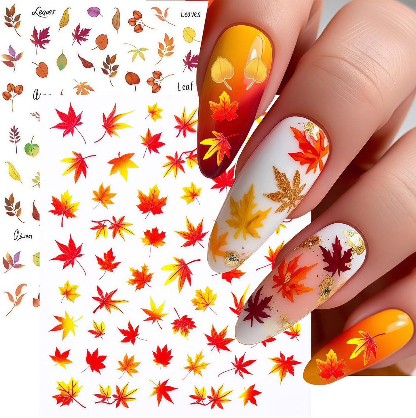 Autumn Nail Art Stickers Fall Maple Leaves Nail Stickers 3D Self-Adhesive Autumn Leaves Nail Sticker Leaf Nails Decals for Women Acrylic Nails Maple Leaf Thanksgiving Holiday Decorations