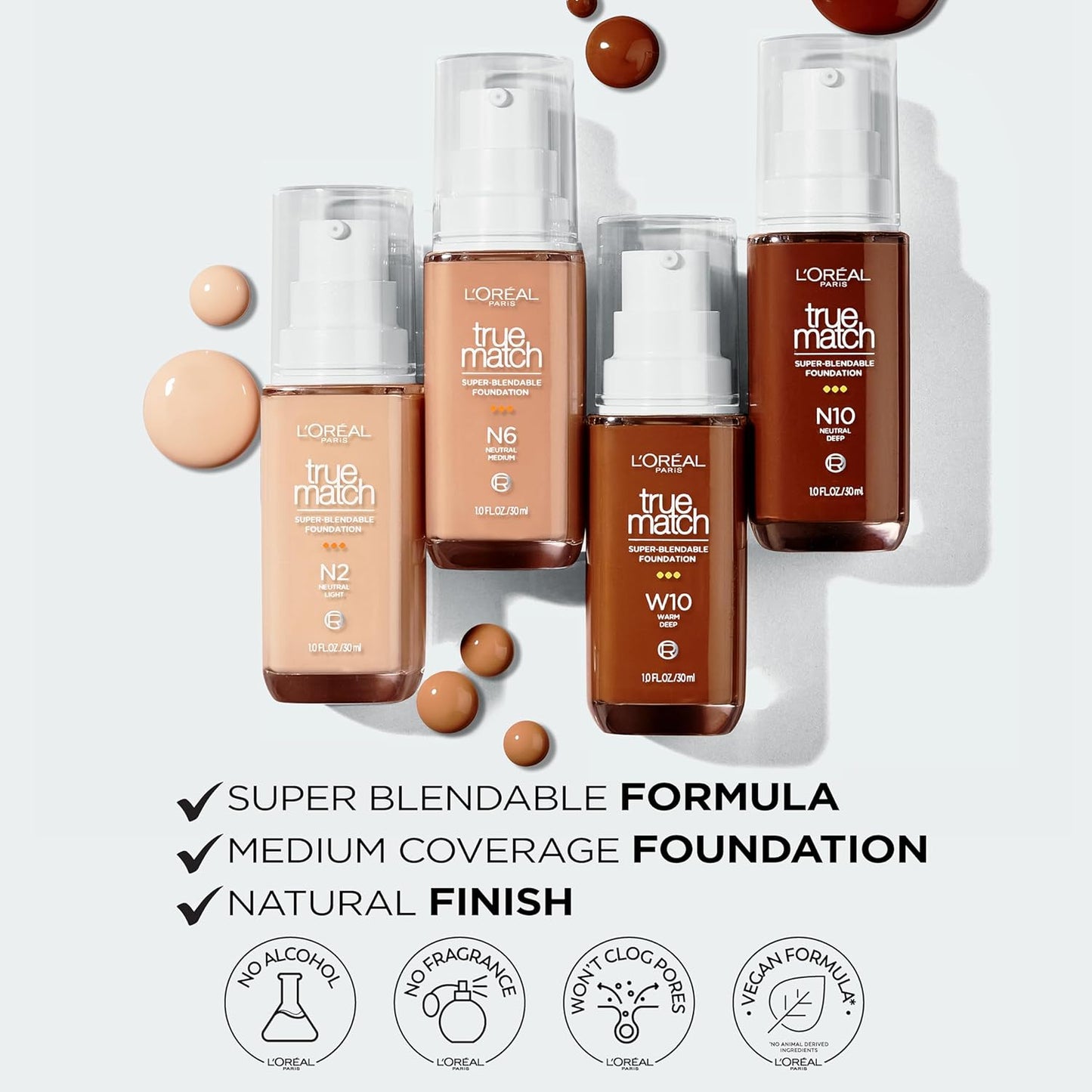 L'Oreal Paris True Match Super-Blendable Foundation, Medium Coverage Liquid Foundation Makeup, N5, Medium, 1 Fl Oz