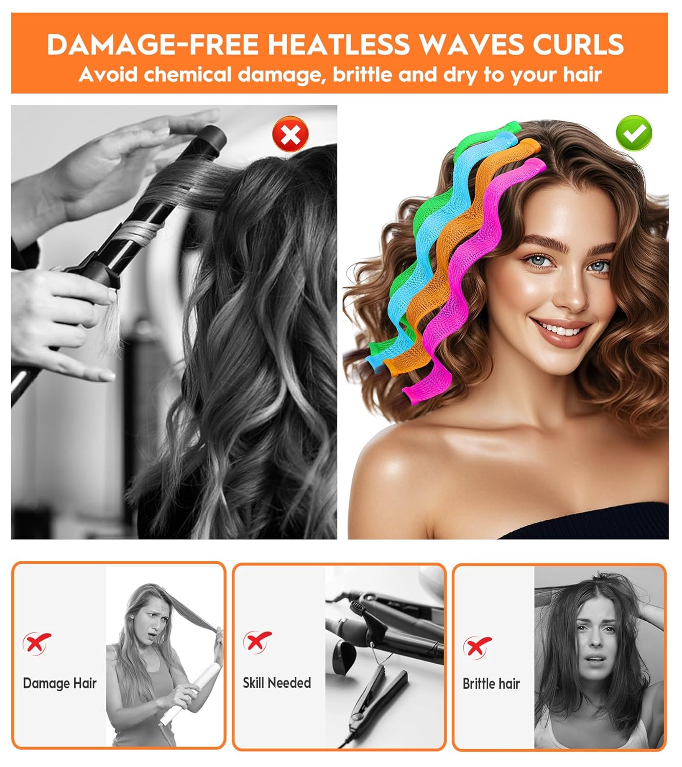 42 Pieces Heatless Waves Hair Curler, No Heat Damage Wavy Hair Curlers with 2 Sets of Styling Hooks, Heatless Curls for Women Girls Long Medium Short Hair(4 Colors,30cm/ 11.8")