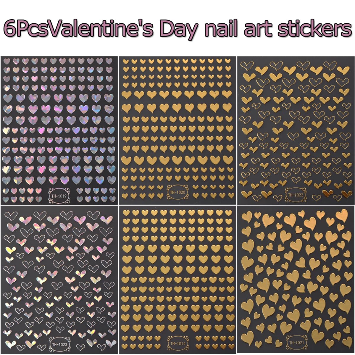 6 Sheets 3D Metallic Heart Nail Art Stickers Self-Adhesive Valentine's Day Nail Stickers Gold Silver Design Heart Charms for Acrylic Nails Tips Love Nail Decals for Women Valentines Nails Decoration