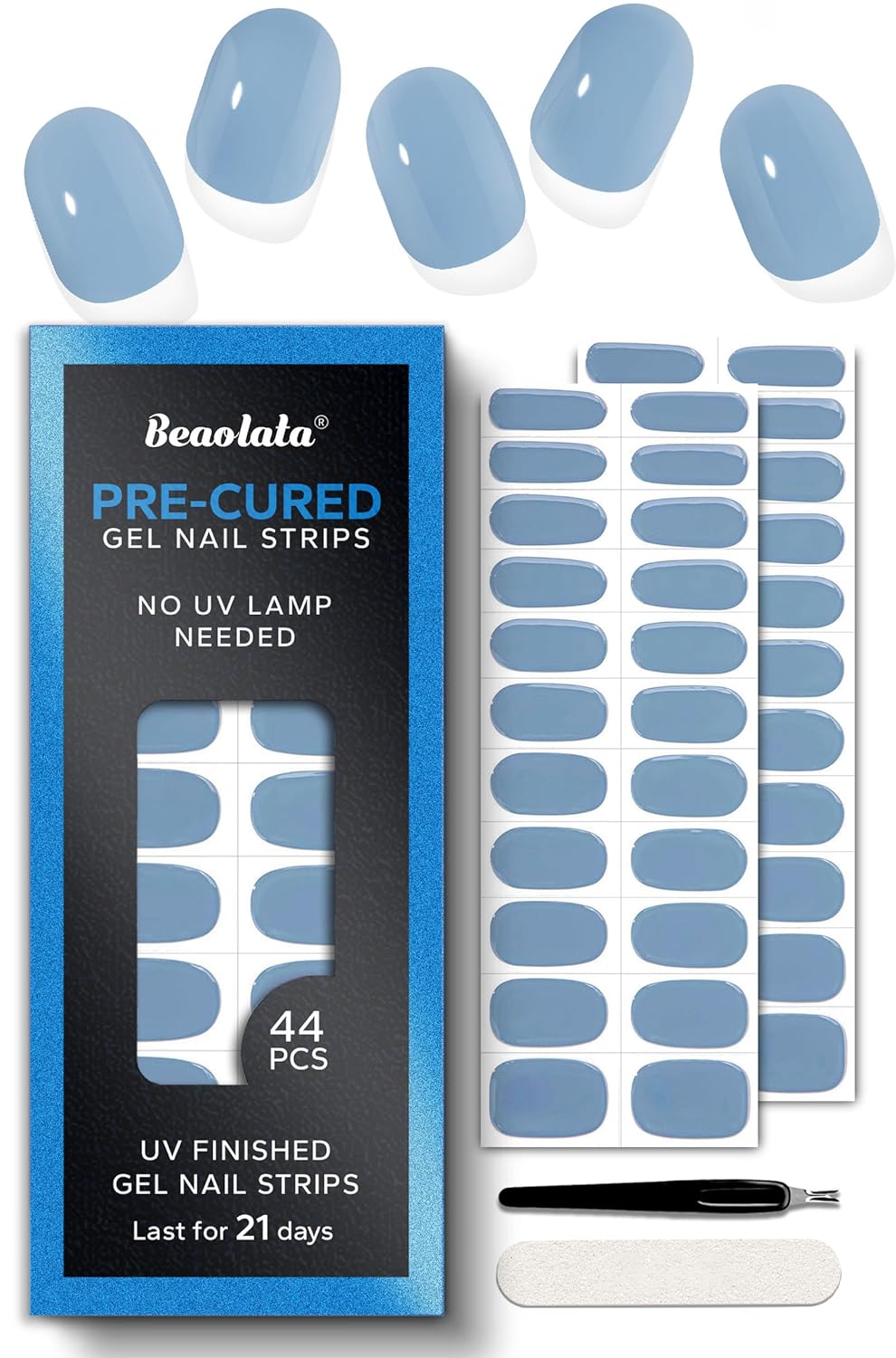Pre Cured Gel Nail Strips - 44PCS Salon Quality Gel Nail Stickers - Long Lasting Polish Wraps for Women no UV Light Needed Easy Apply& Remove (Moss Blue)