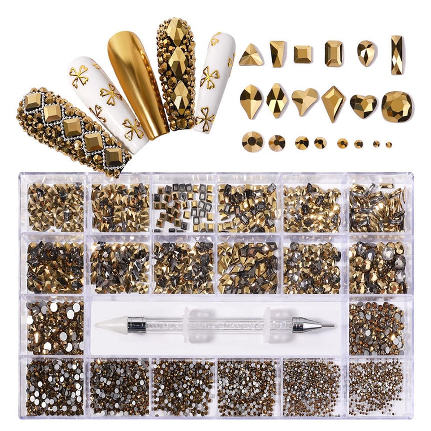 Nail Rhinestones Kit, Nail Art Decorations with Wax Pencil Flat AB Rhinestones Kit DIY Crafts Gemstones for Nail, Shoes, Clothes, Jewels (600 Gold diamonds + 2500 flat rhinestones)