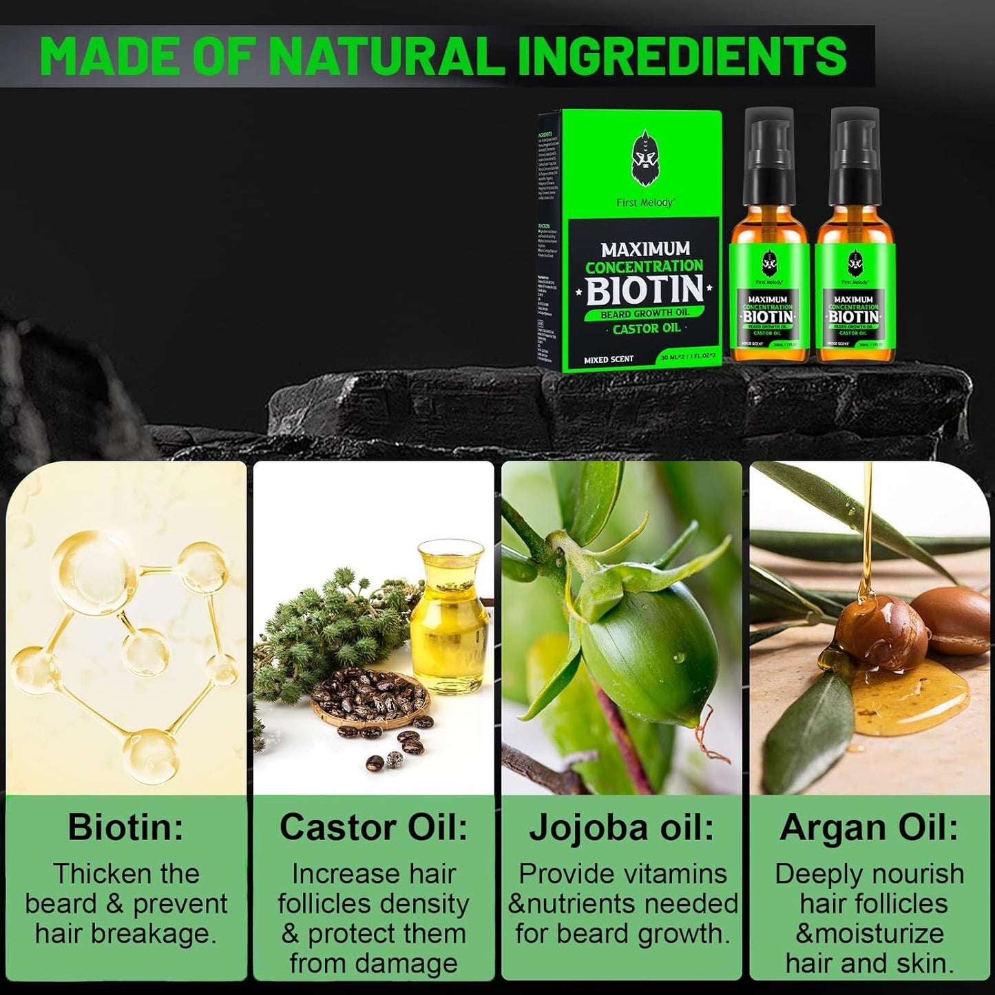 Beard Oil,Maximun Thickening Biotin, with Castor Oil and Argan & Jojoba Oils, Promotes Beard Growth, Styles, Strengthens & Softens Beards & Mustaches,1 Ounce*2（2 Pack）