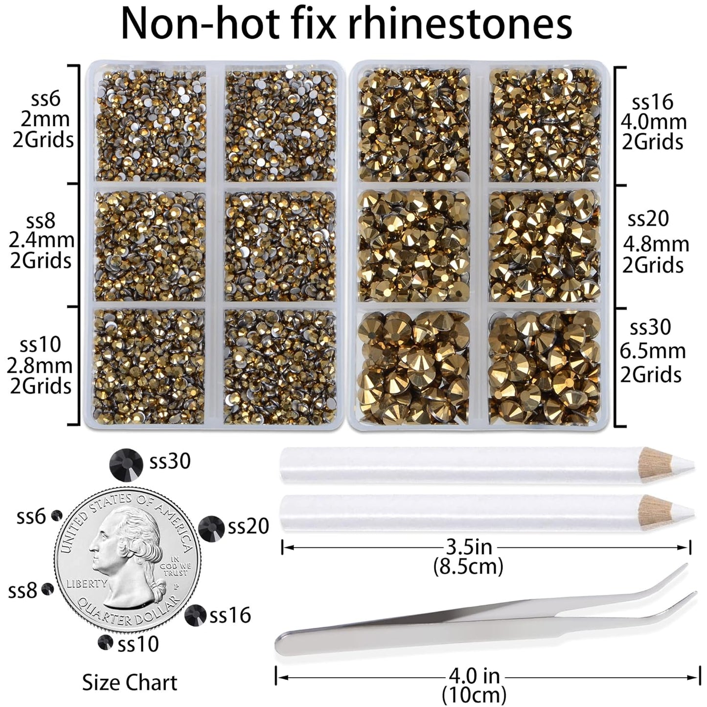 LPBeads 6000 Pieces Metallic Gold Non Hotfix Rhinestones 6 Sizes Round Crystal Glass Flat Back Rhinestones with Tweezers and Picking Pen for Nail Art Crafts Bags DIY