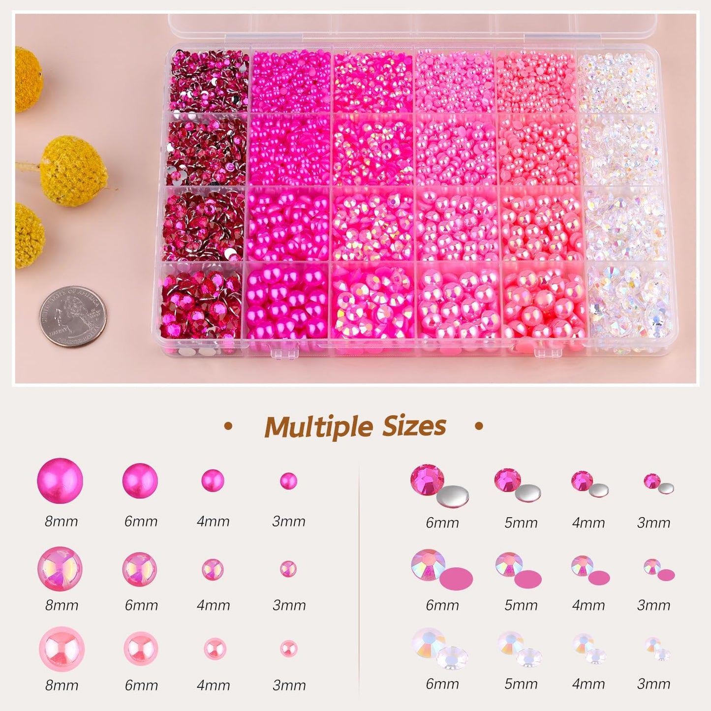 9000PCS Flatback Pearls and Rhinestones for Crafting, Dark Pink Mixed Size 3-10mm Resin Rhinestones and Half Pearls for Bedazzling, Nail Art and Decoration with Tweezer and Pickup Pencil