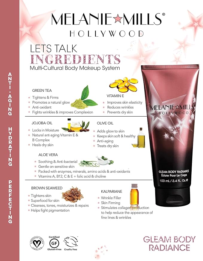 Melanie Mills Hollywood Gleam Body Radiance All In One Makeup, Moisturizer & Glow For Face & Body - Rose Gold, Mini 1 fl.oz.
