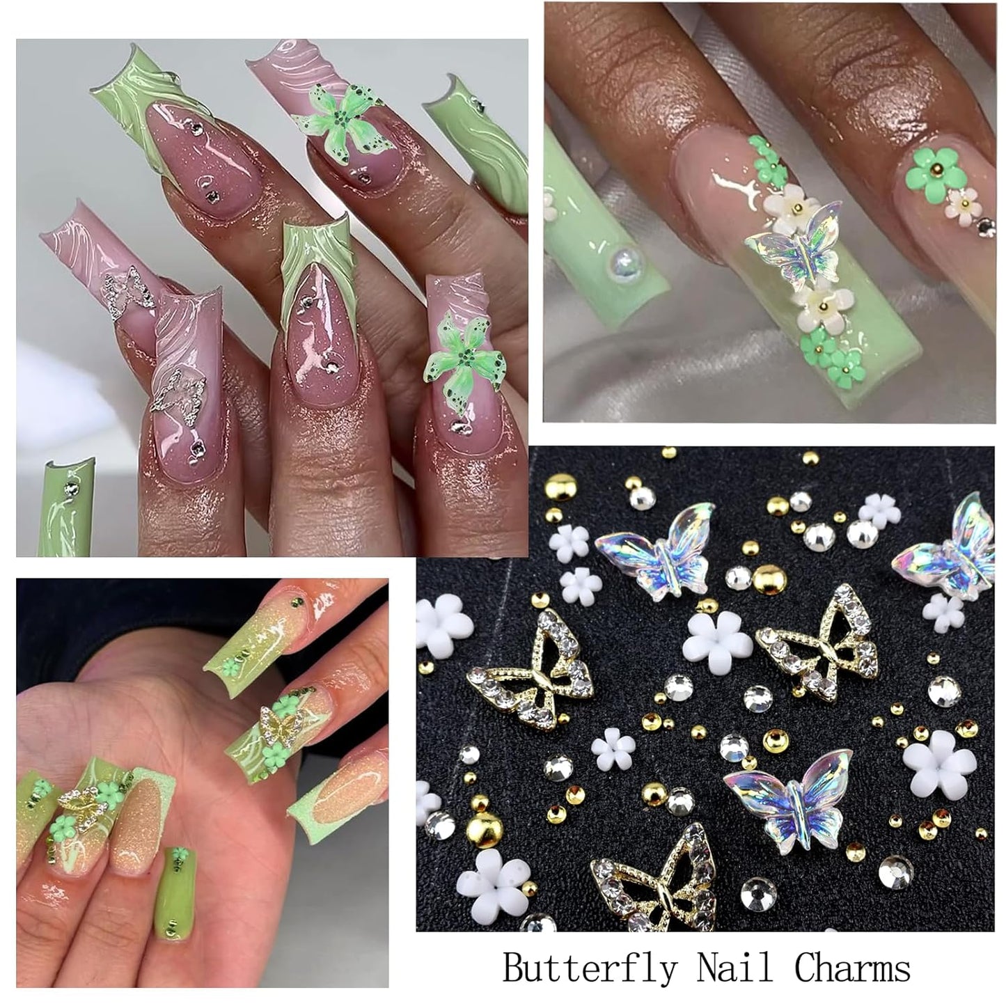 4 Boxes Green Nail Gems Bow Flower Nail Charms for Acrylics - Irregular Crystals, Nails Rhinestone & Accessories for Women Nails Art Design Nails Decor(Green)