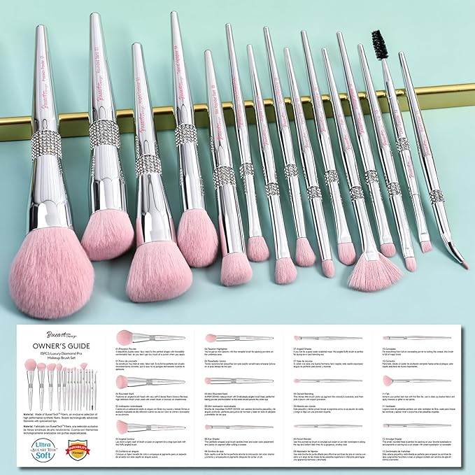 Bueart Design Elegant pink Ultra soft labeled Makeup Brushes Sets with Brush Holder makeup brush set with Foundation Powder blush blending contour Brush (15Pcs Silver Pink+Holder)