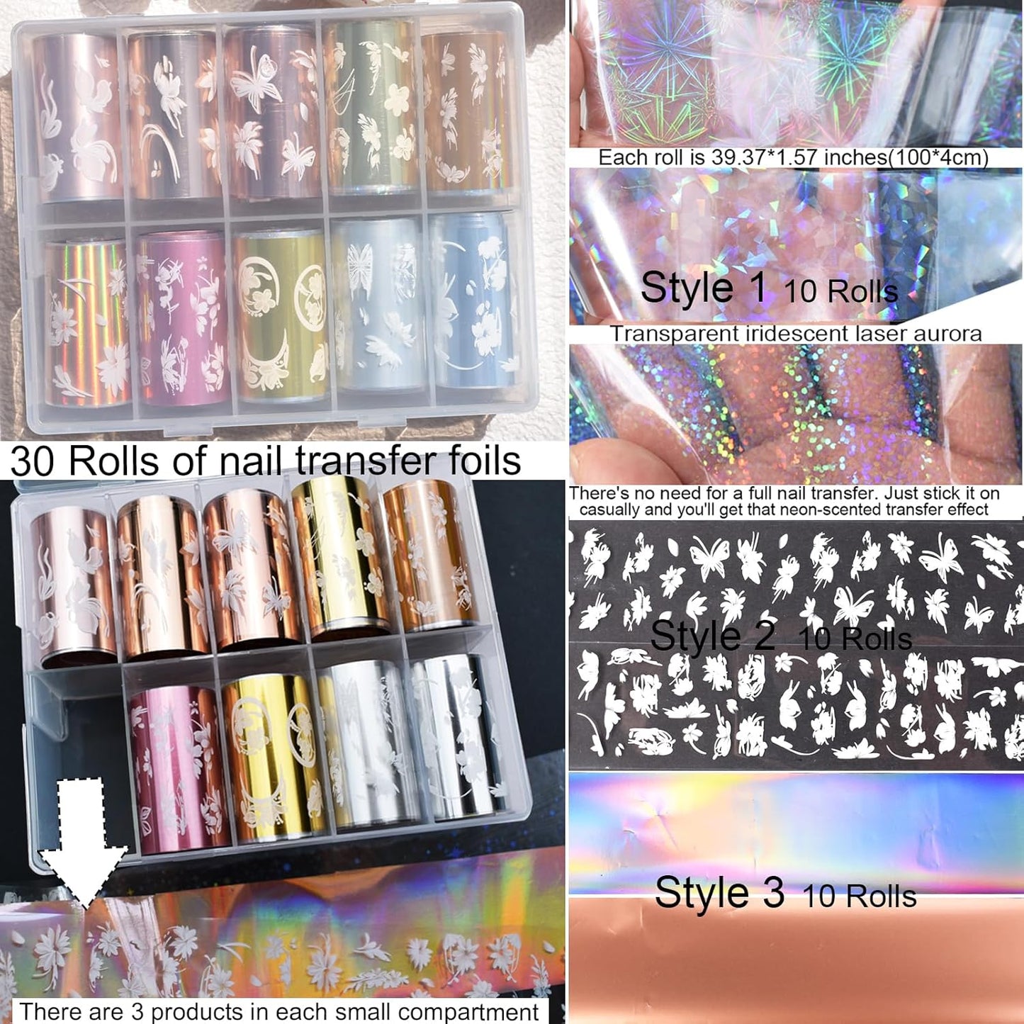 30 Rolls Nail Art Transfer Foils Set,10 Rolls Holographic Laser Aurora Nail Foil and 10Roll Metallic Color Nails Decals and 10Roll White Flowers Nails Foil Transfer Stickers 39.37x1.57 inches (30)