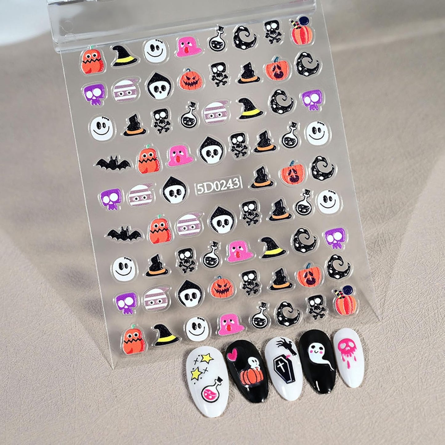 6 Sheets Halloween Nail Stickers for Nail Art 5D Self Adhesive Cute Ghost Nail Art Stickers with Pumpkin Bat Blood Drop Skeleton Design Sticker for Women DIY Nails Decoration