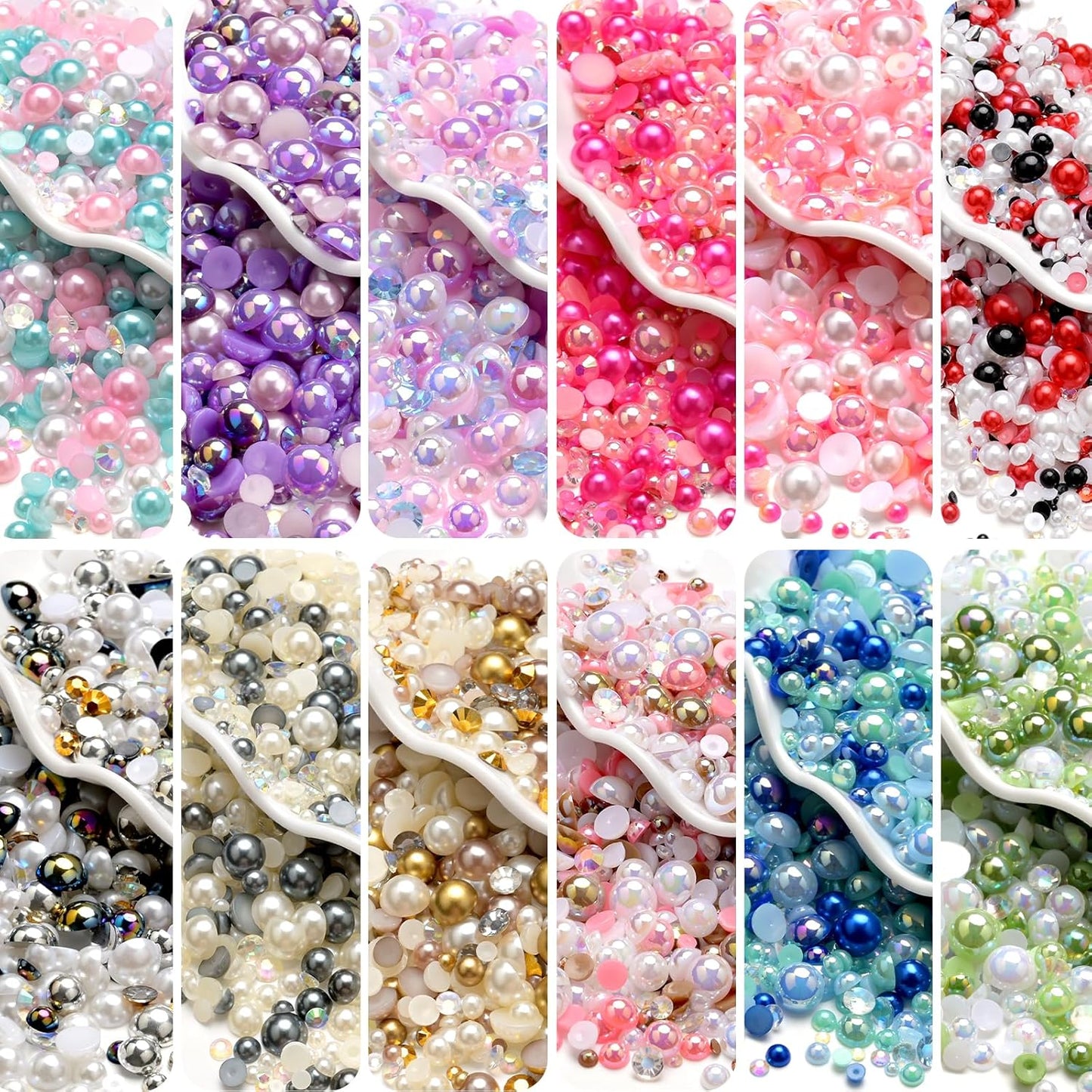 80g Mix Flatback Pearls and Rhinestones for Crafts Pink Purple Mixed Size 2mm-10mm Half Round Pearls Rhinestones for Nail Art Tumblers Shoes DIY Bedazzling with Tweezers Wax Pen