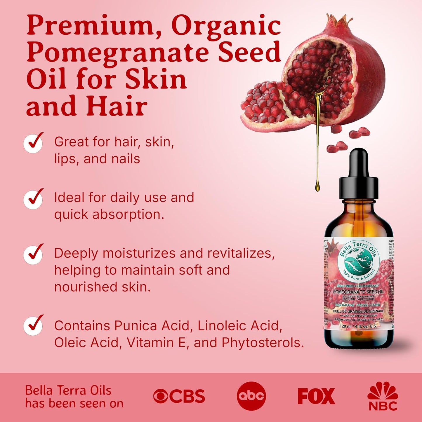 Bella Terra Oils - Organic Pomegranate Seed Oil 8 oz - Rich in Nutrients for Skin Hydration, Cold-Pressed from Organic Pomegranate Kernels