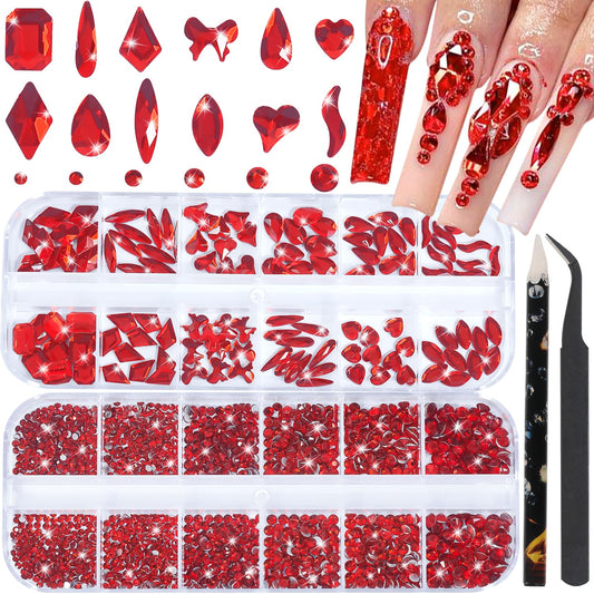 HNUIX Nail Rhinestones - 3D Multi Shape Size, Red Nail Gems, Flat Back, with Kit, for Nail Art, DIY Decorations