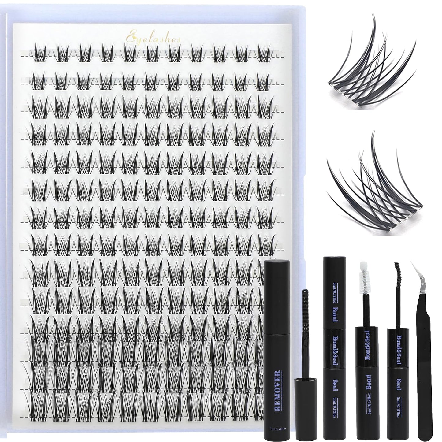 Lash Clusters Kit, Eyelash Clusters Individual Lash Extension Kit D Curl Fluffy Wispy False Eyelashes Extensions Thin Band with Bond Seal Tweezers Brush (Lash Clusters With Tool, SMY 8-16mm)