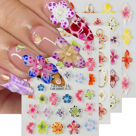 Flower Nail Stickers for Nail Art Hawaiian Flowers Nail Decals 5D Self-Adhesive Embossed Floral Summer Nails Art Design Sticker Beach DIY Acrylic Salon Manicure Decoration Kit for Women