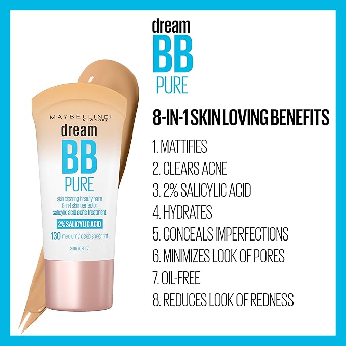 Maybelline Dream Pure Skin Clearing BB Cream, 8-in-1 Skin Perfecting Beauty Balm With 2% Salicylic Acid, Sheer Tint Coverage, Oil-Free, Light, 1 Count