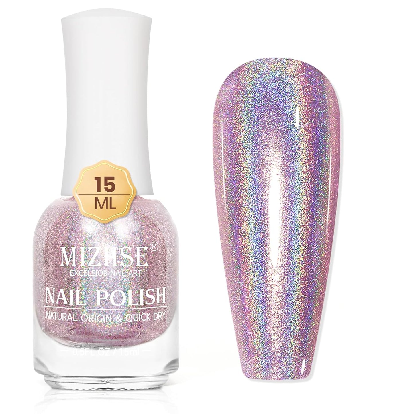MIZHSE Holographic Nail Polish, Light Purple Glitter Nail Polish Air Dry Fast, 15ml/0.5 fl oz High Glossy Shimmer Nail Pigment Laser Oil-based Nail Lacquer Chrome Halo Nail Art Salon Manicure at Home