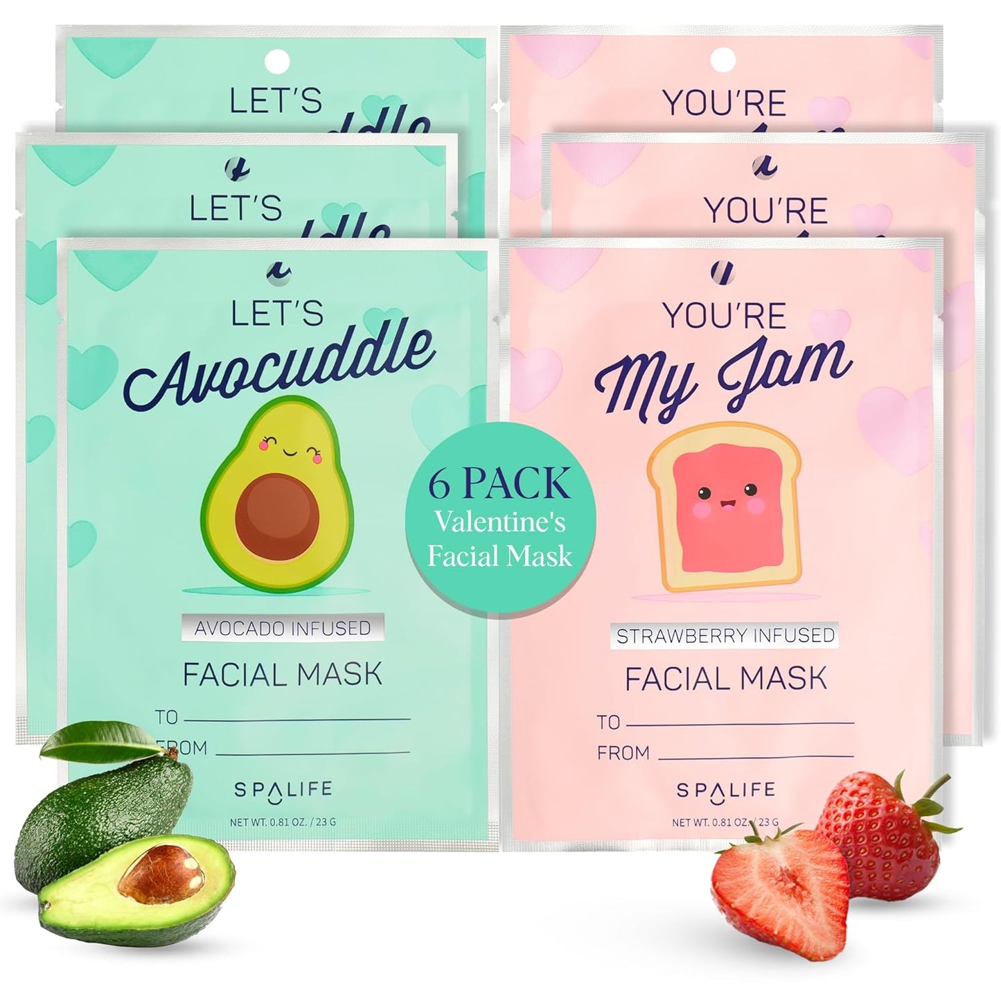 SpaLife Let’s Avocuddle & You're My Jam Face Masks 6 Pack Bundle - Avocado and Strawberry Extract Infused Sets for Hydration and Glow - The Ideal Valentine's Day Skincare Gift Set.