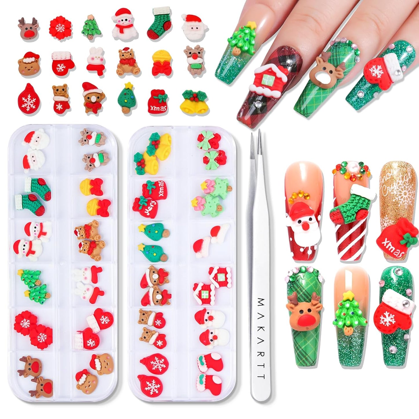 Makartt Christmas Decorations Gift Set: 48PCS 3D Nail Charms with Cartoon Santa, Elk, Tree, Bells for Women, Includes Art Tweezer, Acrylic Accessories for Nails Techs and DIY