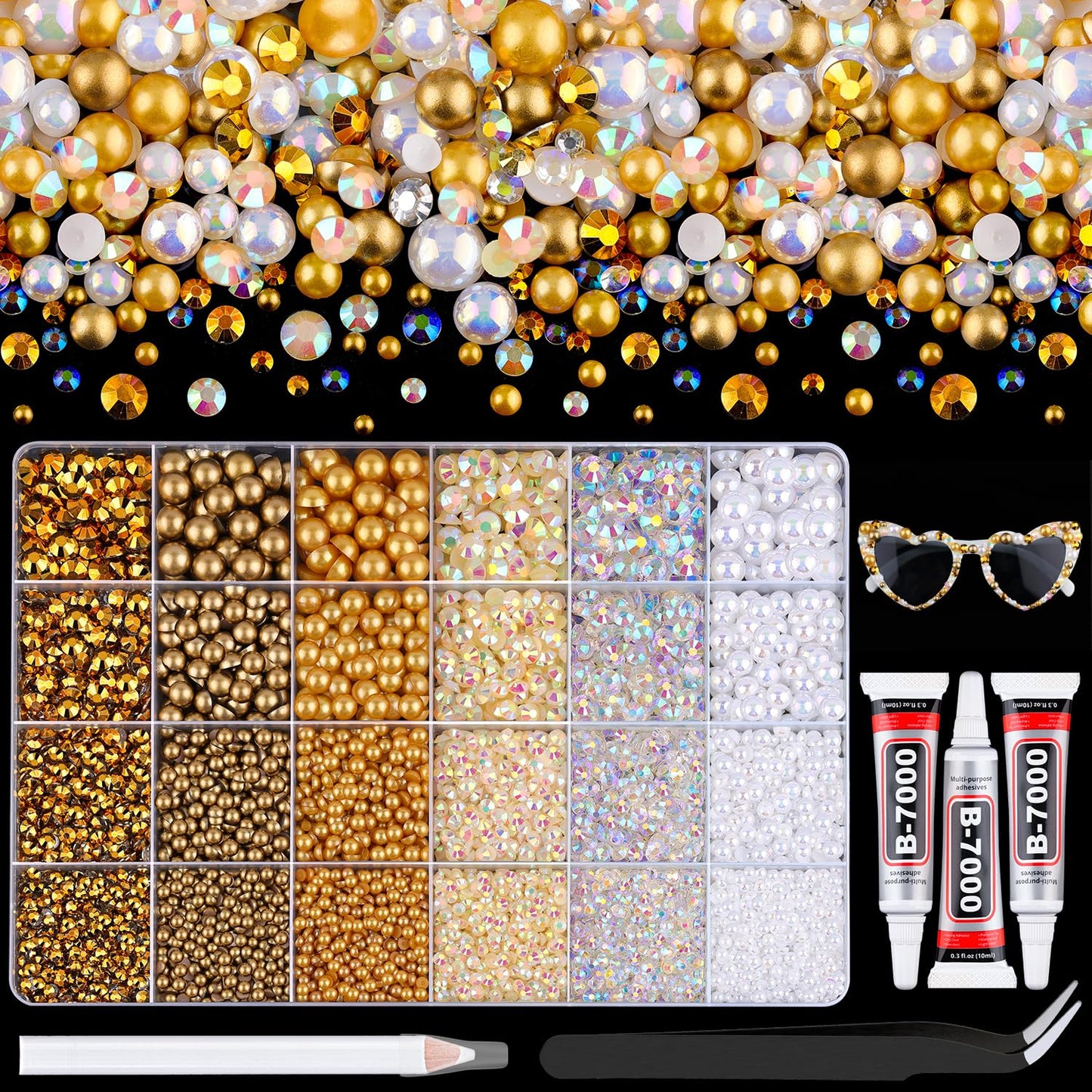 9000Pcs Flatback Pearls and Rhinestones for Crafting, White Brown Mixed Size 3-8mm Resin Rhinestones and Half Pearls for Bedazzling, Nail Art and Decoration with 3pcs B7000 Jewelry Glue