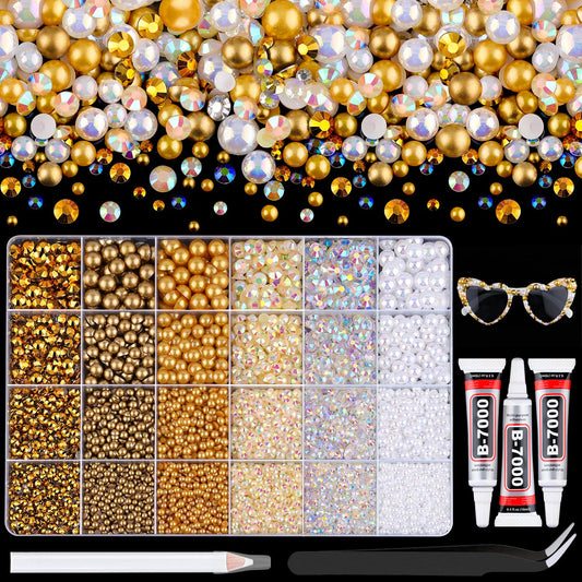 9000Pcs Flatback Pearls and Rhinestones for Crafting, White Brown Mixed Size 3-8mm Resin Rhinestones and Half Pearls for Bedazzling, Nail Art and Decoration with 3pcs B7000 Jewelry Glue