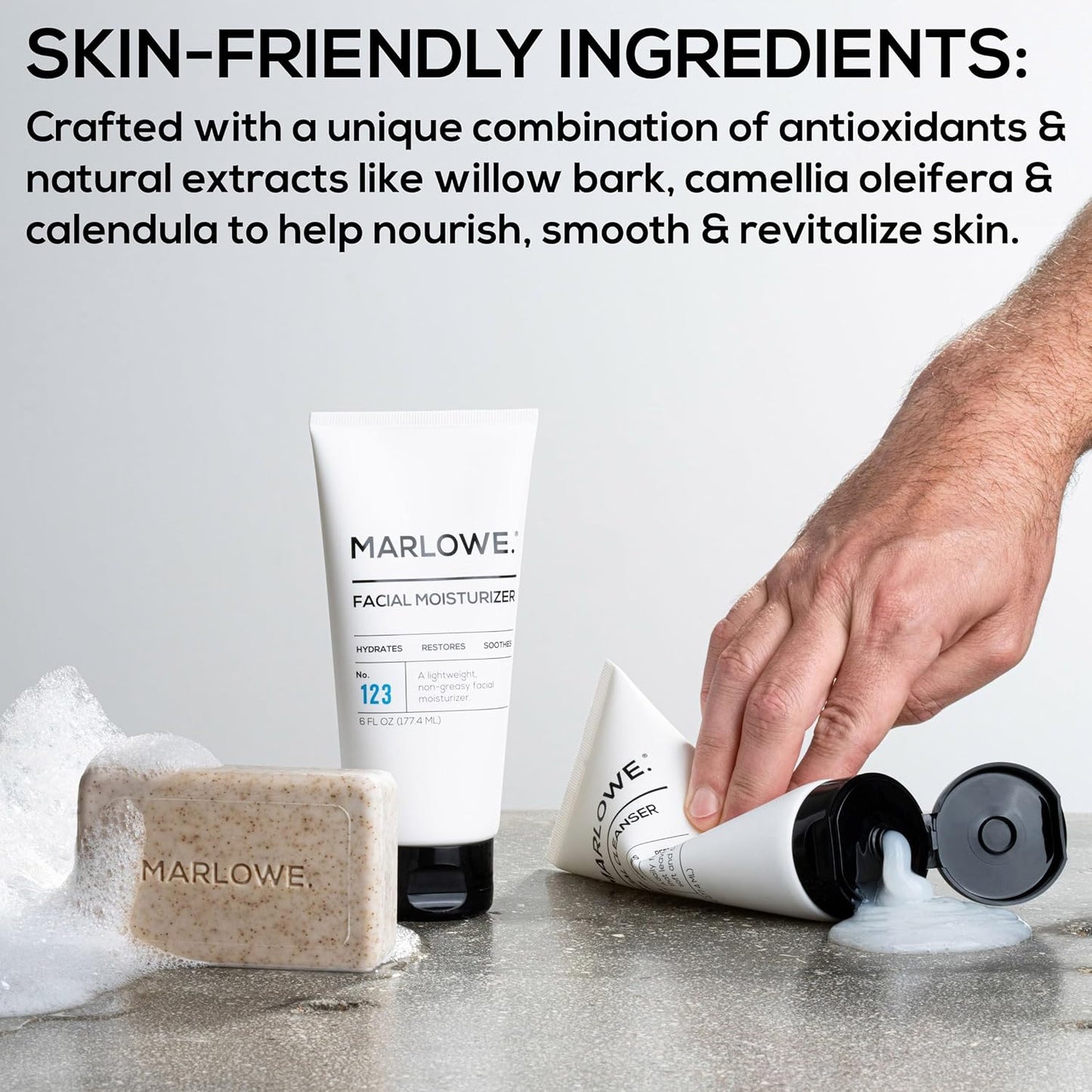 MARLOWE. Best Sellers Kit No. 203, Features Signature No. 102 Original Body Scrub Soap Bar, No. 121 Facial Cleanser & No. 123 Facial Moisturizer, Great Gift for Men