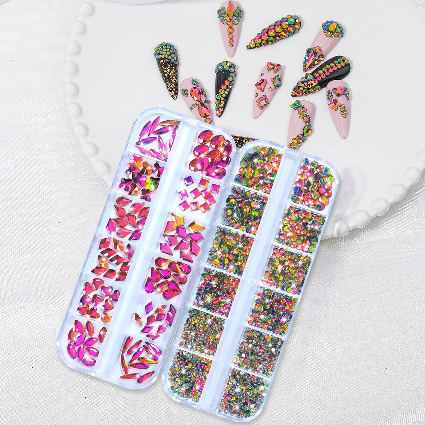 Nail Rhinestones - 3D Multi Shape Size, Flat Back, Crystals Manicure Rhinestones Charms, Colorful Red Nail Gems, with Kit, for Nail Art, Bedazzling Acrylic Nails, DIY Decor