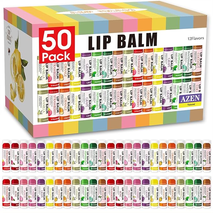 AZEN 50 Pack Lip Balm, Natural Lip Balm Bulk, Lip Care Product, Moisturizing Lip Balm for dry cracked lips