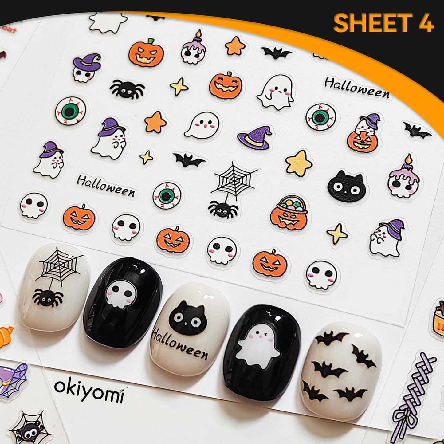 4 Sheets of 3D Halloween Nail Stickers - 316 Cute Nail Decals - Embossed Kawaii Nail Stickers for Kids | Cute Halloween Theme - Ghosts, Pumpkins, Bats, Spiders, Cats, Candy | Glow in The Dark