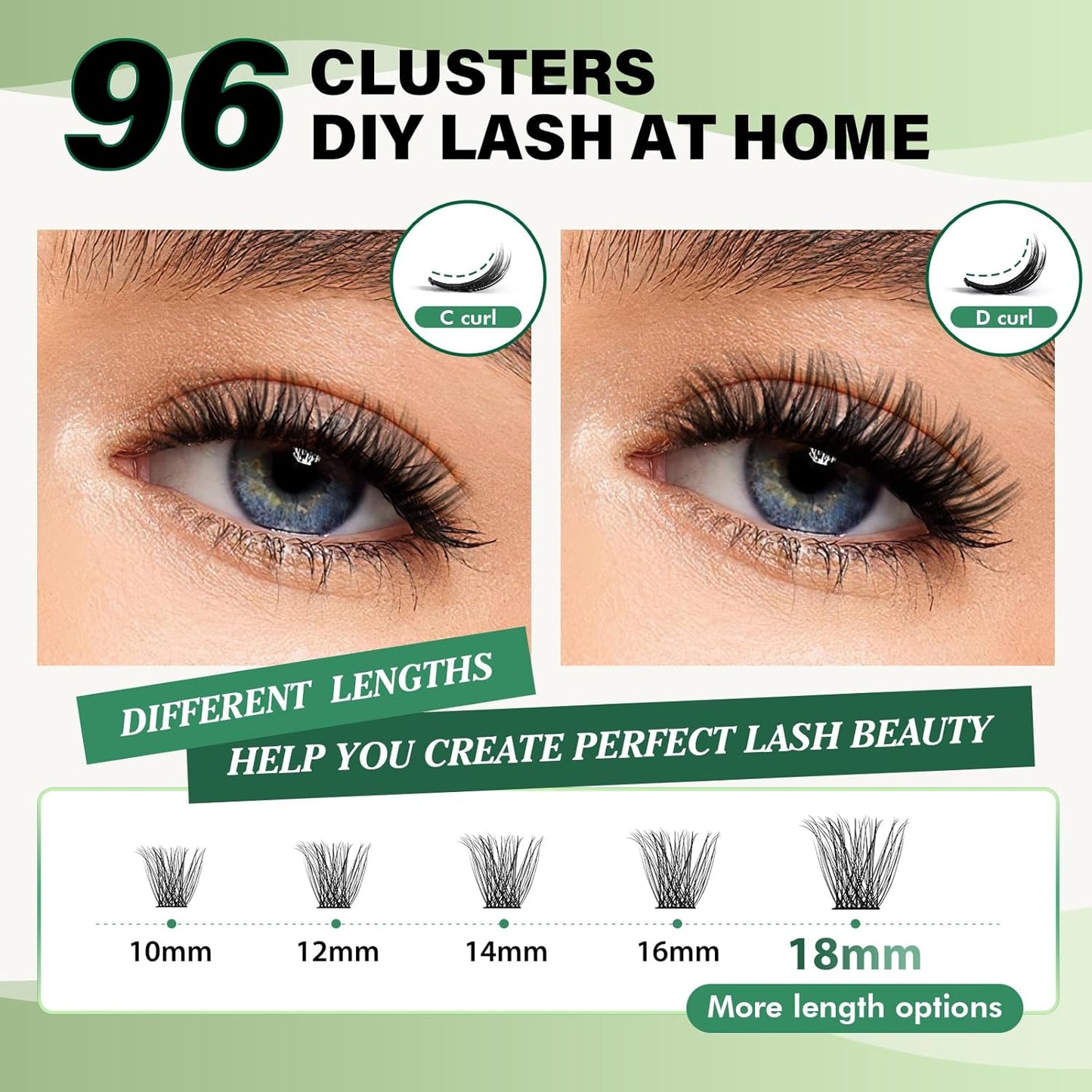 Lash Clusters 96pcs Individual Lashes D Curl 18mm Eyelash Clusters KEYYOU Volume Wispy Lash Extension Soft&Comfortable Easy DIY at Home(Y23,D-18mm)