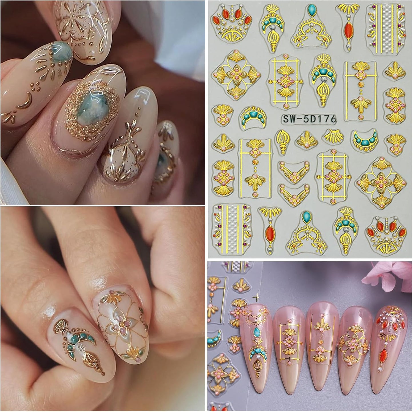 Egyptian Style Nail Art Stickers Decals Gold Sun Moon Nail Decals 5D Self Adhesive for Women Nails Design Decoraion 3D Crown Mails Stickers Supplies