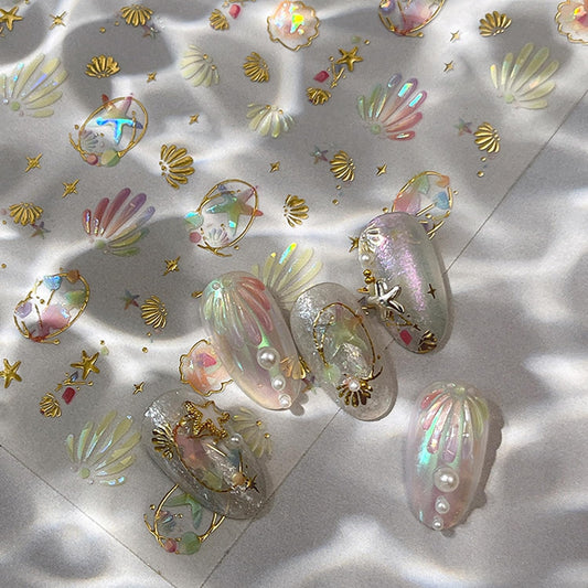 Summer Nail Stickers Starfish Nail Decals 3D Self-Adhesive Shiny Starfish Shell Nail Art Design Sticker Ocean Theme Nails Supplies Decoration Accessories for Women Acrylic Nails