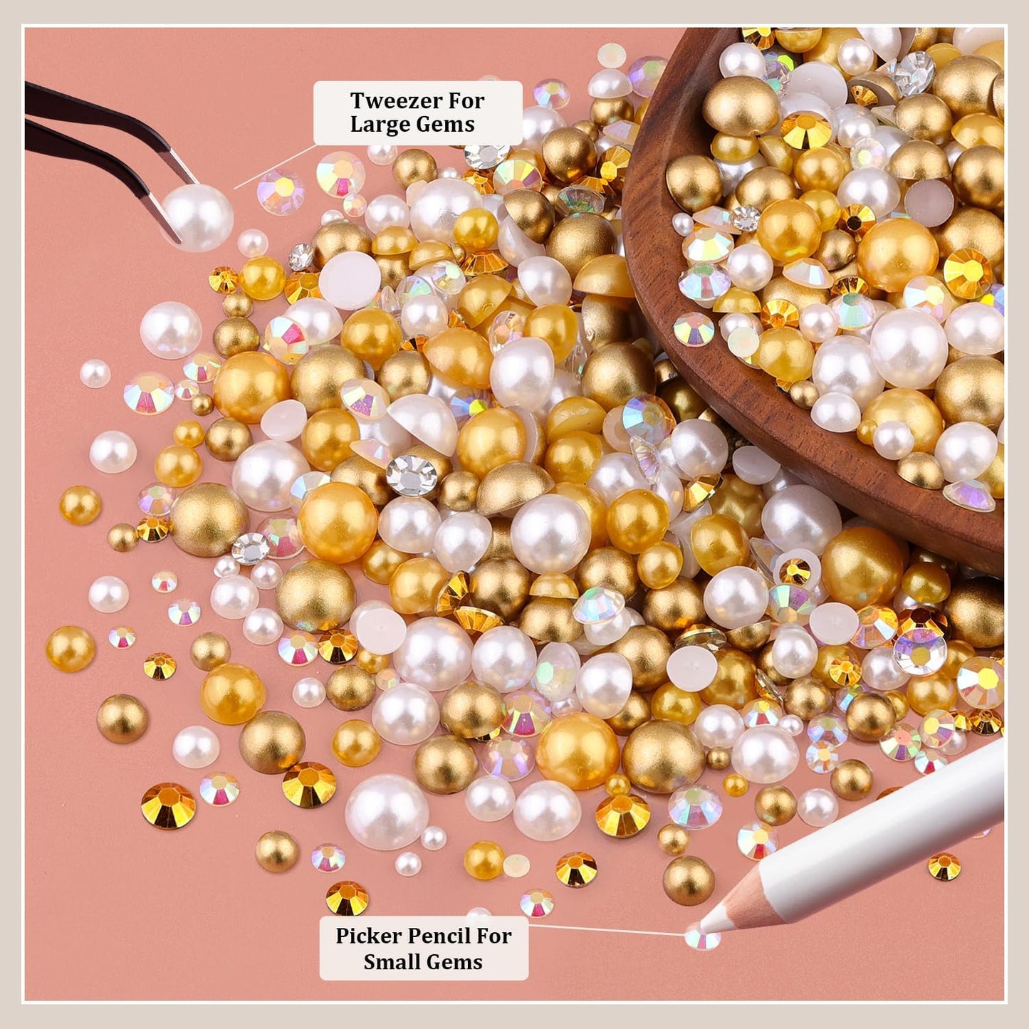 80g Flatback Pearls and Rhinestones for Crafting, White Brown 3-10mm Resin Rhinestones and Half Pearls for Bedazzling, Nail Art and Dec with 3pcs 10ml B7000 Jewelry Glue, Tweezer and Pickup Pencil