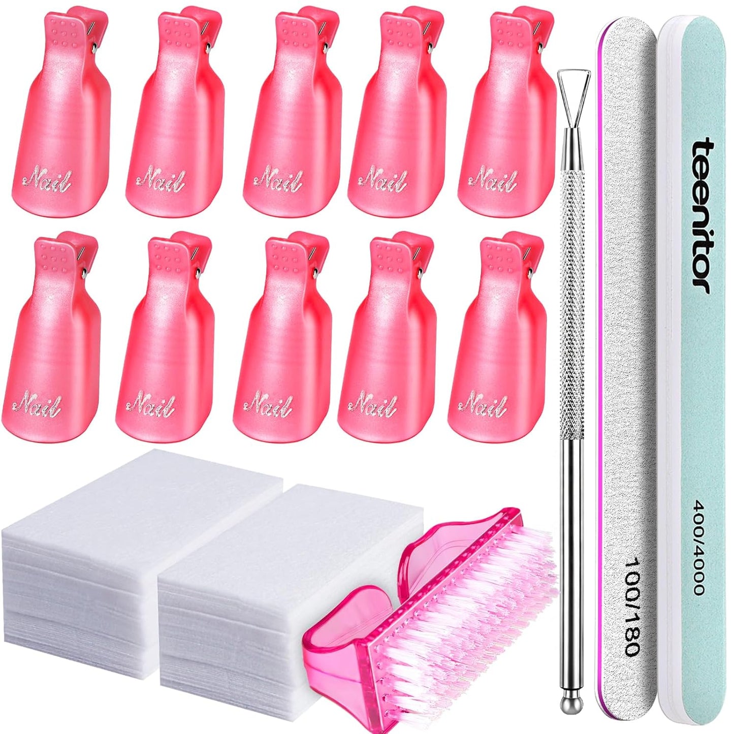 Teenitor Nail Gel Remover Tools Kit with Pink Polish Remover Clips, Cuticle Peeler Scraper, Gel Nail Brush, 115 Pack Nail Wipe Cotton Pads, Nail File Grits 120/180 Buffer Block Grits 400/4000 Rose
