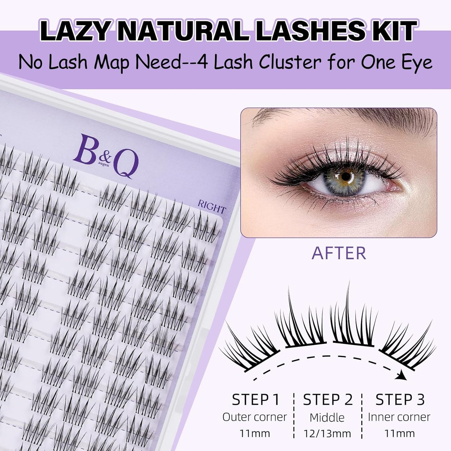 B&Qaugen Lash Clusters Kit Idol Lash Extension Kit No Lash Map Natural Lash Clusters with Invisible Band 11-13 mm Eyelash Extension Kit C Curl Lash Kit with Lash Bond and Seal(idol)