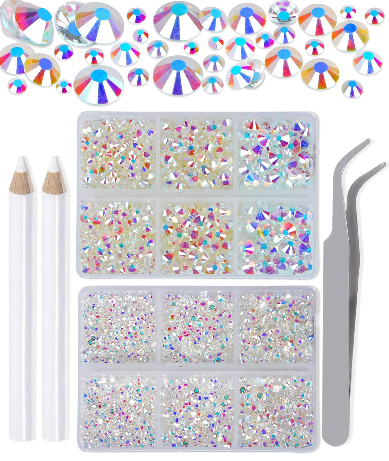 LPBeads 6000 Pieces Paradise Shine Non Hotfix Rhinestones 6 Sizes Round Crystal Glass Flat Back Rhinestones with Tweezers and Picking Pen for Nail Art Crafts Bags DIY