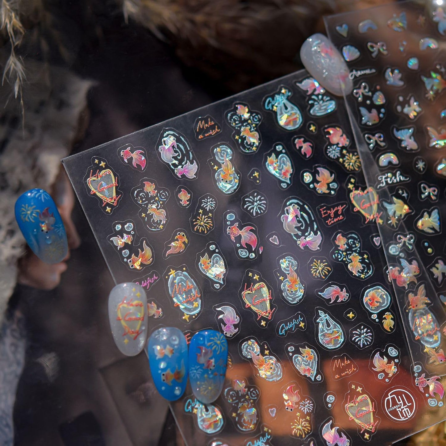 Goldfish Nail Art Stickers Sparkly Koi Fish Nail Stickers 5D Embossed Koi Lotus Leaf Chinese Style Manicure Decals Accessories Shell Light Goldfish Adhesive Slider for Women DIY Nail Art Decorations