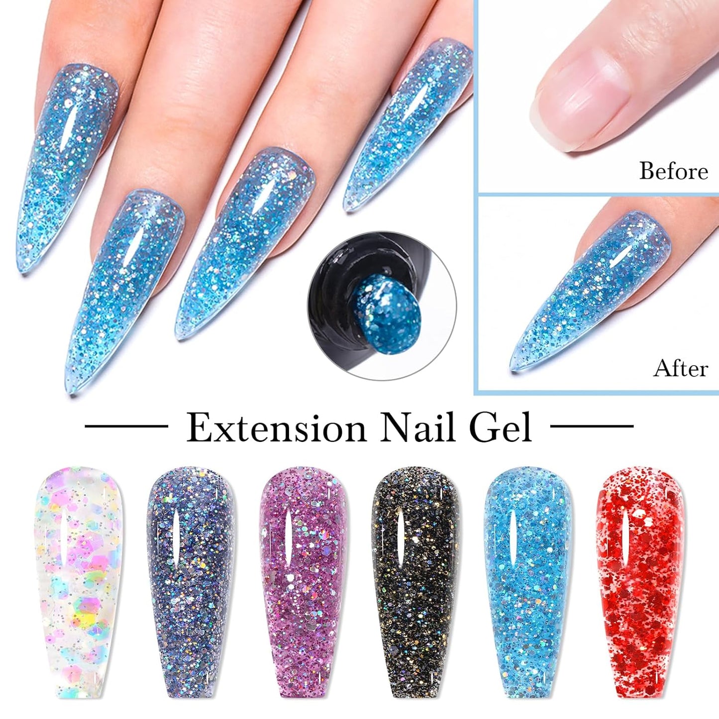MEET ACROSS 20ML Poly Nail Gel Set - 6 Colors Glitter Sequins Extension Nails, Blue Black Red Purple Long Lasting, Shiny-looking, Strong Builder Enhancement for Salon Manicure DIY at Home