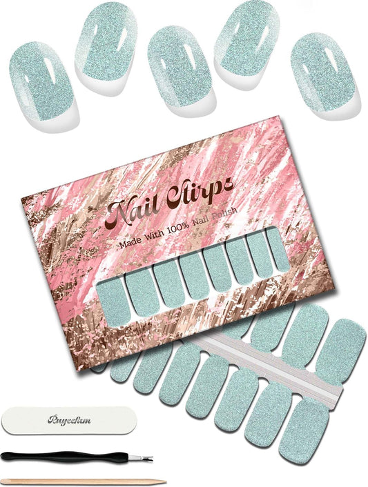 Glitter Nail Polish Strips, 32 Pcs Salon Quality Gel Nail Stickers, Long Lasting Wraps Easy to Use & Remove (Glitter Aquamarine)